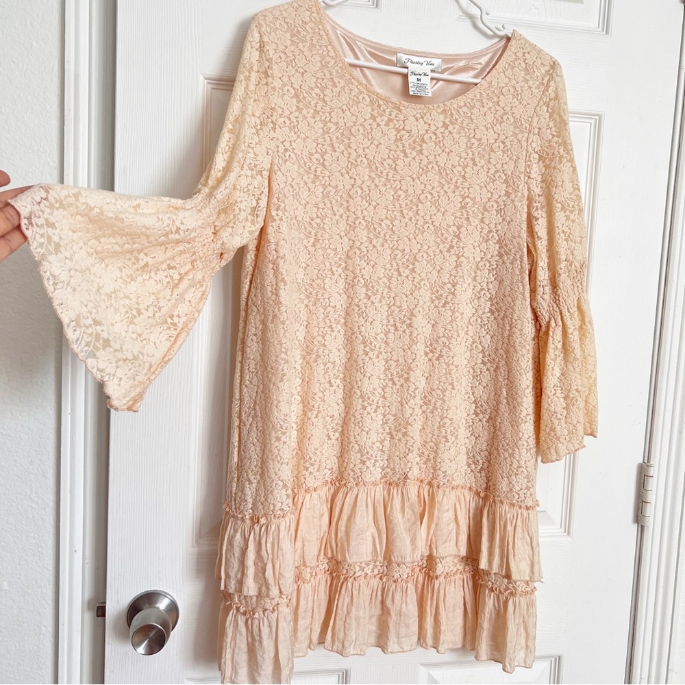 Paisley Vine | Pink Lace Layered Hem Bell Sleeve BOHO Tunic